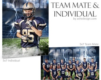May include: A 5x7 photo package for a football team. The package includes a team photo with the team name "LANCERS" and individual photos of each player. The photos are set against a dark blue background with lightning bolts and smoke effects.