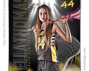 Peut inclure: Une joueuse de lacrosse portant un maillot noir et jaune avec le numéro 44. La joueuse tient un bâton de lacrosse et se tient devant un fond noir et blanc avec un projecteur qui l'éclaire. Le texte "Ella Thomas" est écrit en lettres jaunes sur le côté gauche de l'image. Le texte "South Central Varsity Lacrosse" est écrit en lettres blanches sur le côté gauche de l'image. Le texte "44" est écrit en lettres jaunes sur le côté droit de l'image.