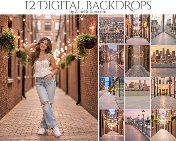 12 Downtown Bokeh Digital Backdrops, Urban Photography Backgrounds, City Portrait Backdrops, Senior Portraits, Fashion Photos