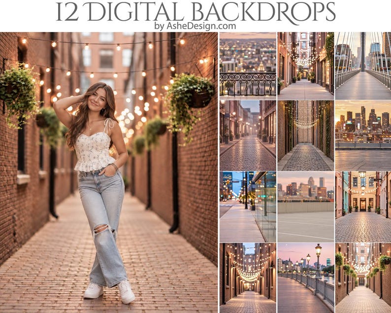 May include: A collection of 12 digital backdrops featuring various urban scenes, including brick alleyways with string lights, city skylines at dusk, and paved walkways. The text 12 DIGITAL BACKDROPS by AsheDesign.com is displayed at the top.
