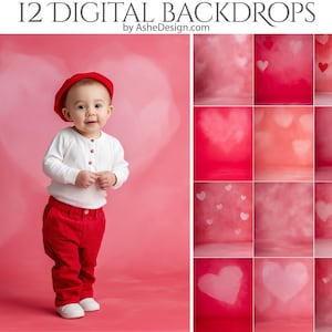 Può includere: L'immagine mostra 12 sfondi digitali a tema San Valentino. Gli sfondi sono in tonalità di rosso e rosa, con disegni a forma di cuore. Un bambino con un abito e un cappello rossi è di fronte a uno sfondo rosa.
