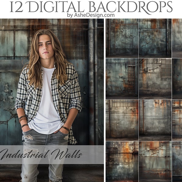 12 Industrial Grunge Digital Photography Backdrops, Photoshop Overlays, Studio Backdrops For Photographers, Wedding & Senior Backdrops