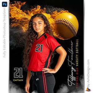 Photoshop Softball Poster Vorlagen, PSD Sportfotografie-Vorlagen, Resize For Senior Night Banners, Up In Flames Softball