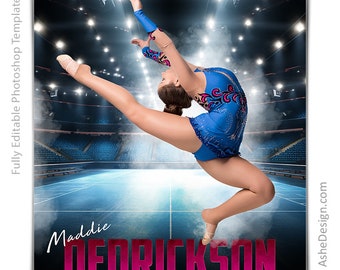Photoshop Gymnastics Poster Templates, PSD Sports Photography-Templates, Resize For Senior Night Banners, Stadium Lights Gymnastics