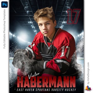 Photoshop Hockey Poster Vorlagen, PSD Sportfotografie-Vorlagen, Resize für Senior Night Banner, Stadion Lichter Hockey