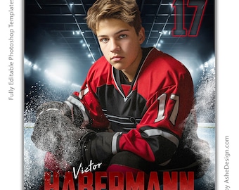 May include: A hockey player in a red and black jersey with the number 17 on it. The player is sitting on the ice with a hockey stick in their hand. The background is a dark hockey arena with lights. The text "Victor HABERMANN EAST HAVEN SPARTANS VARSITY HOCKEY" is at the bottom of the image.