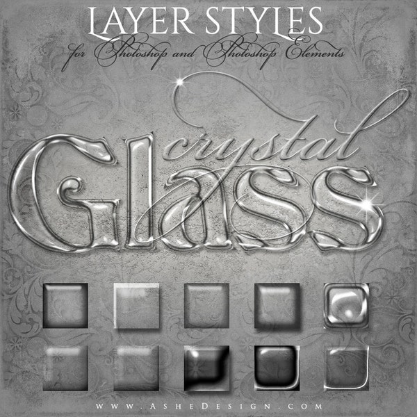 Photoshop Layer Styles - Designer Gems - CRYSTAL GLASS - 1 Photoshop Style file (.ASL) containing 10 unique Styles to add to your Text.