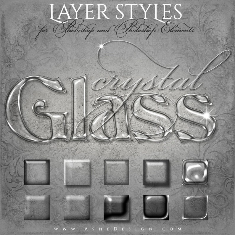 May include: A set of Photoshop layer styles for creating a crystal glass effect. The styles are shown on a gray background with the text "crystal glass" in a stylized font. The text is in a 3D style with a glass-like effect. The styles are available for download from the website www.ashedesign.com.