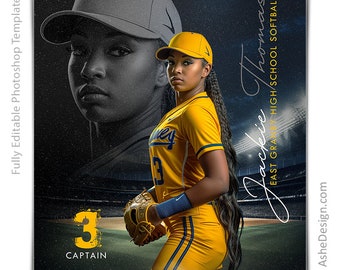 Photoshop Softball Poster Templates, Sports Photography-Templates, PSD Background, Resize For Senior Night Banners, Reflection Softball