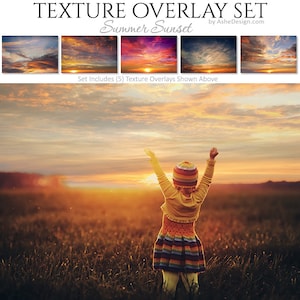 May include: A digital art set titled "Texture Overlay Set Summer Sunset" featuring five sunset sky textures. The image shows a child with arms raised in a field at sunset. The child is wearing a yellow jacket, a colorful striped dress, and a striped hat.
