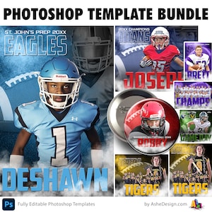 Könnte beinhalten: Eine digitale Collage von Photoshop-Vorlagen für Fußball-Teamfotos. Die Vorlagen zeigen verschiedene Teamnamen, Logos und Spielerfotos. Die Vorlagen sind vollständig editierbar und können angepasst werden, um einzigartige Teamfotos zu erstellen.