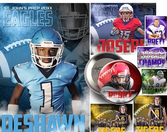 May include: A digital collage of Photoshop templates for football team photos. The templates feature different team names, logos, and player photos. The templates are fully editable and can be customized to create unique team photos.