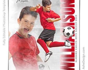 Mallar för Photoshop-affischer för fotboll, PSD-mallar för sportfotografering, storleksändra för seniorkvällsbanderoller, grungereflektion i fotboll