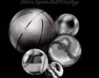 Photoshop Design | Sports Photo Overlays | SILVER Sports Balls Overlay Set 2 | (5) Digital .PNG Files for Sports Photography & Quick Pages.