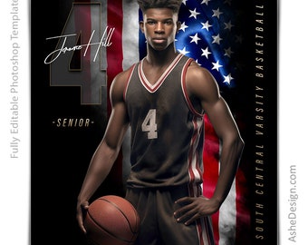 May include: A basketball player wearing a black jersey with the number 4 on it, holding a basketball. The player is standing in front of an American flag background. The text "South Central Varsity Basketball" is on the right side of the image. The text "Jorell Hill" and "Senior" are on the left side of the image.
