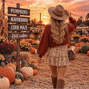 May include: A digital background template featuring a wooden sign with the text PUMPKINS, HAYRIDES, CORN MAZE, and Hot cider. The scene includes a person wearing a tan hat, rust-colored sweater, floral skirt, and brown boots in a pumpkin patch.