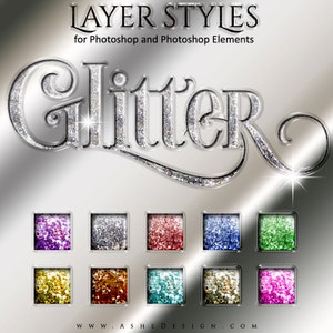 Puede incluir: Estilos de capa de Photoshop Glitter con 10 opciones de color diferentes. Los estilos se muestran como pequeños cuadrados de purpurina en varios colores, incluidos morado, plateado, rojo, azul, verde, dorado, marrón, turquesa, dorado y rosa.
