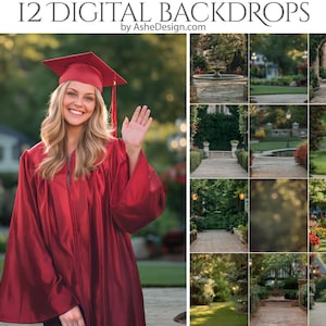 May include: A young woman in a graduation gown and cap, waving, with a selection of 12 digital backdrops. The backdrops feature outdoor scenes with pathways, gardens, and architectural elements. Text at the top reads "12 DIGITAL BACKDROPS" and "by AsheDesign.com".