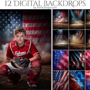May include: A set of 12 digital backdrops featuring the American flag in various designs. The backdrops include images of the flag with smoke and spotlights. A young baseball player in a red uniform and catcher's gear is in the foreground.