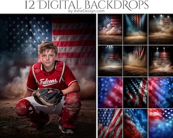 12 Americana Digital Photography Backdrops, American Flag Studio Backgrounds, Patriotic Sports Backdrops for Photographers