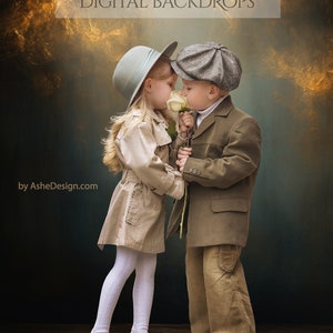 May include: Two children, a girl and a boy, are dressed in vintage clothing. The girl is wearing a light brown coat and a light blue hat. The boy is wearing a dark brown coat and a dark gray hat. They are holding a white rose and looking at each other. The background is a dark blue and gold.