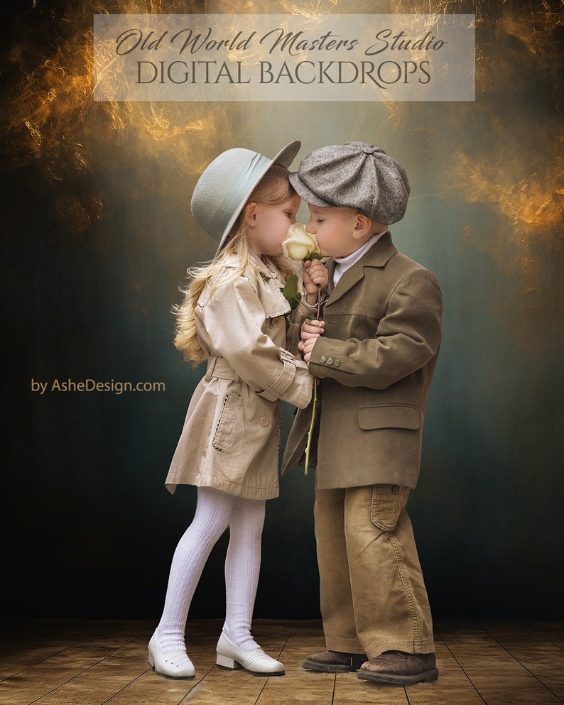 May include: Two children, a girl and a boy, are dressed in vintage clothing. The girl is wearing a light brown coat and a light blue hat. The boy is wearing a dark brown coat and a dark gray hat. They are holding a white rose and looking at each other. The background is a dark blue and gold.