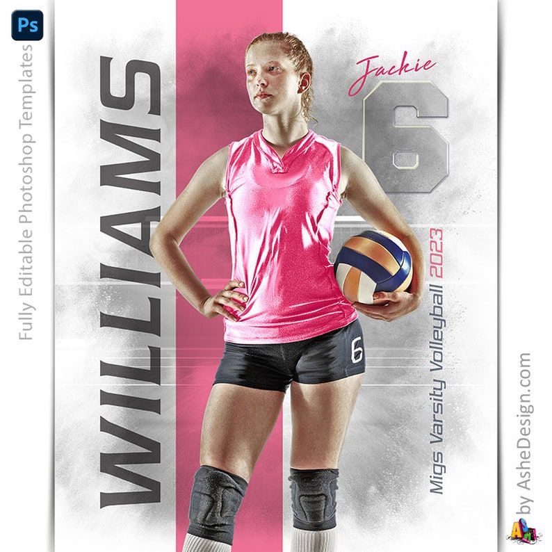 May include: A volleyball player in a pink jersey and black shorts holds a volleyball. The background is a white and gray textured surface with a pink stripe. The text "WILLIAMS" is on the left side of the image and "Jackie 6 Migs Varsity Volleyball 2023" is on the right side of the image.
