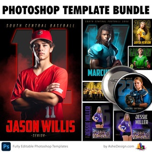 Photoshop Sports PSD Template Bundle enthält 2x3 Senior Banner, 8x10 • 16x20 Sportposter, Memory Mates, Game Day Social Media & mehr