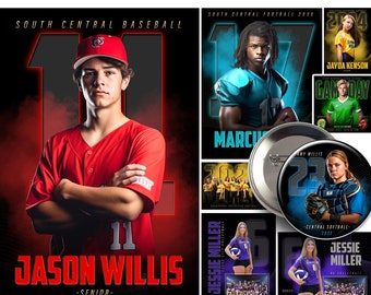 Photoshop Sports PSD Template Bundle Includes 2x3 Senior Banner, 8x10 • 16x20 Sports Posters, Memory Mates, Game Day Social Media & More