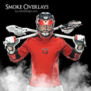 May include: A lacrosse player wearing a red jersey with the number 13 on the front, a black helmet with a red visor, and black and red protective gear. The player is holding two lacrosse sticks across their shoulders. The background is black with white smoke.