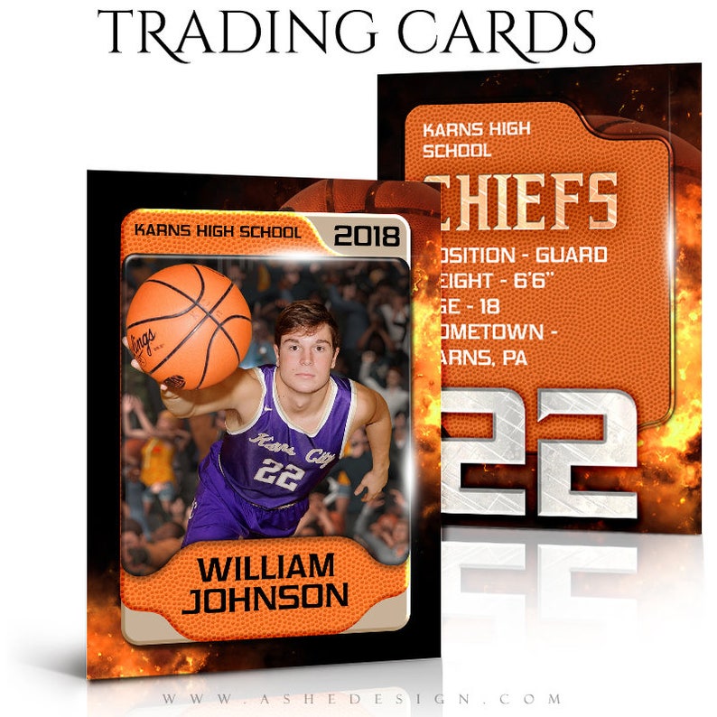 May include: Basketball trading cards featuring a player in a purple jersey holding a basketball. The card design includes the text "KARNS HIGH SCHOOL," "2018," and the player's name, "WILLIAM JOHNSON." The background has an orange and black flame design.