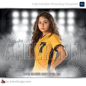 Photoshop Softball Poster Vorlagen, PSD Sportfotografie-Vorlagen, Resize For Senior Night Banners, Side Lights Softball