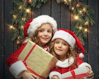Christmas Photoshop Template, Holiday Portrait Background, Rustic Wood Christmas Backdrop, Kids Family Photos, Evergreen Christmas