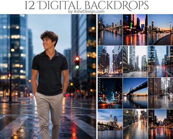 12 City Bokeh Digital Backdrops, Urban Photography Backgrounds, Night City Portrait Backdrops, Senior Portraits, Fashion Photos