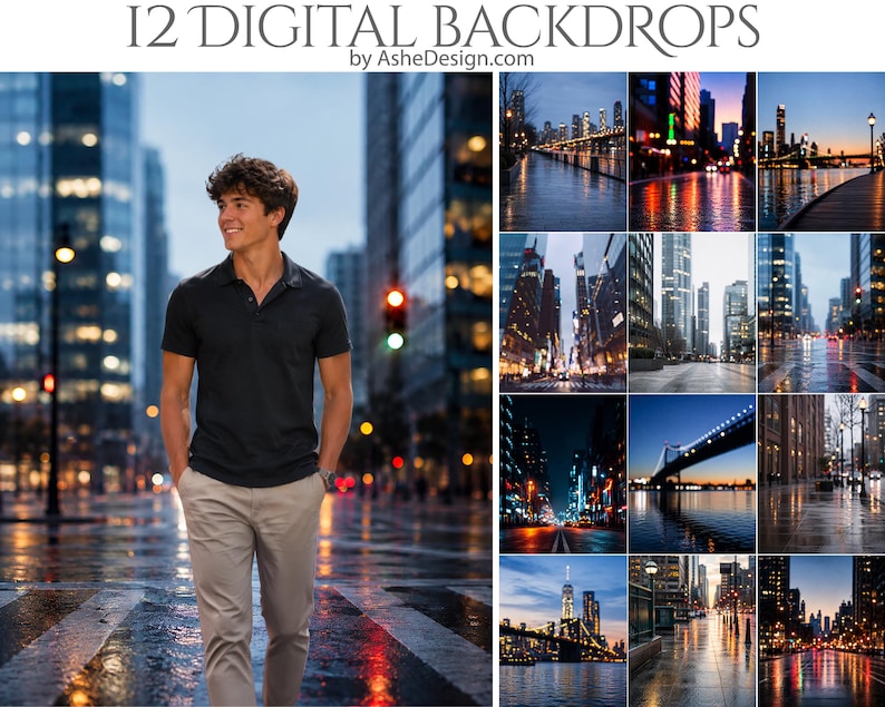 Pode incluir: Uma cole&ccedil;&atilde;o de 12 fundos digitais apresentando paisagens urbanas ao anoitecer e &agrave; noite, incluindo cenas de rua com pavimento molhado, pontes e arranha-c&eacute;us. O texto 12 DIGITAL BACKDROPS by AsheDesign.com &eacute; exibido no topo.