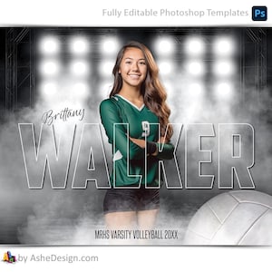 Plantillas de carteles de voleibol para Photoshop, plantillas de fotografía deportiva en formato PSD, cambio de tamaño para pancartas de la noche de los mayores, voleibol con luces laterales