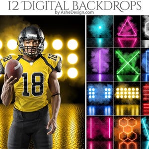 Puede incluir: Una colección de 12 fondos digitales con formas geométricas de neón, efectos de humo e iluminación de estadio. El conjunto incluye una imagen de muestra de un jugador de fútbol americano con camiseta amarilla número 18 sosteniendo un balón.