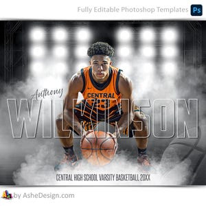 Modelos de pôster de basquete do Photoshop, modelos de fotografia esportiva em PSD, redimensionamento para banners de noite de formatura, luzes laterais de basquete