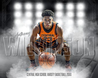 May include: A basketball player in an orange and black jersey with the word "CENTRAL" on the front, dribbling a basketball. The player's name, "Anthony WILSON", is written in large white letters across the image. The background is a dark gray with white spotlights.
