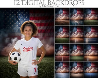 Pode incluir: Uma pessoa com uma camisa de futebol branca com a palavra "Strikers" e o número 7, segurando uma bola de futebol. O fundo apresenta uma bandeira americana e uma seleção de 12 fundos digitais com a bandeira americana e vários campos esportivos.