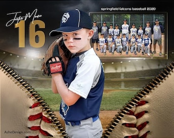 May include: A young boy wearing a blue and white baseball uniform with the number 16 on his jersey. He is holding a baseball glove and looking at the camera. The image is set against a baseball field background with a team photo of young baseball players in the upper right corner. The text "Springfield Falcons Baseball 2020" is above the team photo.
