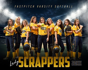 Photoshop Softball Poster Templates, Sports Photography-Templates, PSD Background, Resize For Senior Night Banners, Stadium Lights Softball