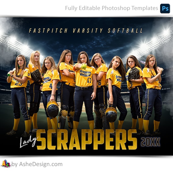 Photoshop Softball Poster Templates, Sports Photography-Templates, PSD Background, Resize For Senior Night Banners, Stadium Lights Softball