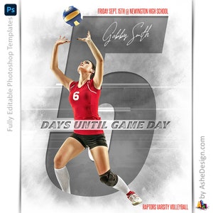 Set di modelli di poster sportivi - Modelli Photoshop per squadre sportive e singoli individui - Modelli per fotografia sportiva - Pallavolo con conto alla rovescia
