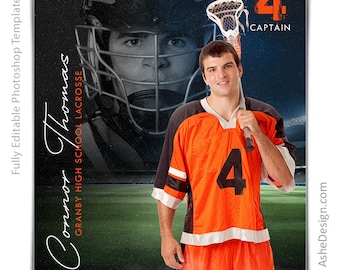 Photoshop ラクロス ポスター テンプレート、スポーツ写真テンプレート、PSD 背景、シニア ナイト バナーのサイズ変更、反射ラクロス