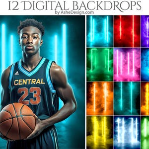 May include: A basketball player wearing a blue jersey with the word "CENTRAL" and the number "23" on it. He is holding a basketball in front of a digital backdrop with neon lights and smoke.