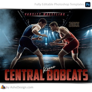 Photoshop Wrestling Poster Templates, PSD Sports Photography-Templates, Resize For Senior Night Banners, Stadium Lights Wrestling