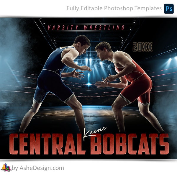 Photoshop Wrestling Poster Templates, PSD Sports Photography-Templates, Resize For Senior Night Banners, Stadium Lights Wrestling