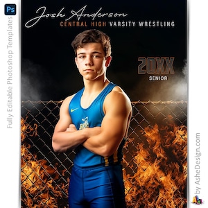 Photoshop Multi Sport Poster Vorlagen, PSD Sportfotografie-Vorlagen, Größenanpassung für Senioren Nachtbanner, Up In Flames Maschendrahtzaun