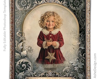 Victorian Christmas Photo Template, Vintage Holiday Portrait Effect, Add Your Photo to This Layered Photoshop Template, Victorian Holiday